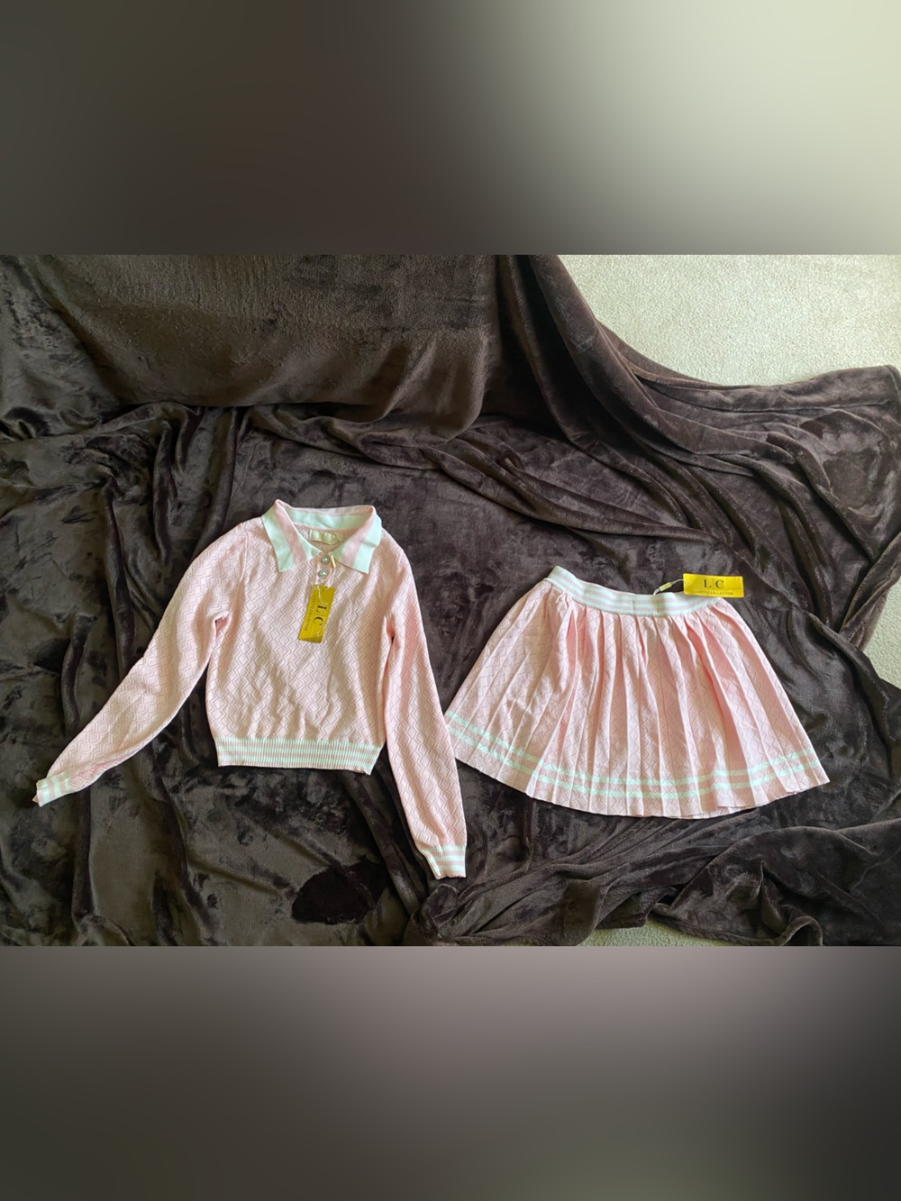 Light Pink Collared Knit Top & Pleated Skirt Set